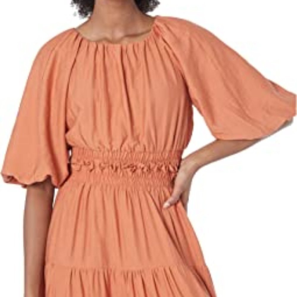 MOON RIVER Puff Sleeve Back Cutout Midi Dress Rust Size Small NWT - Picture 3 of 4